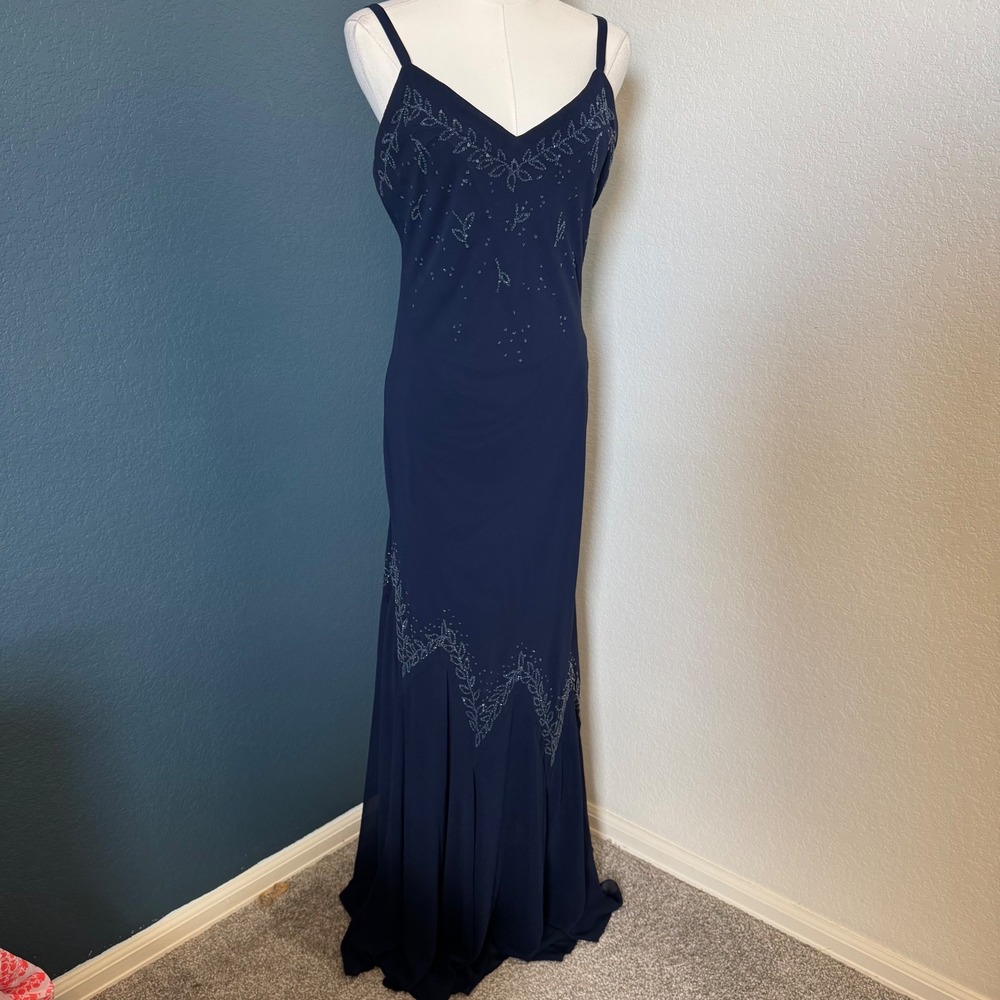 Whimsical Fairycore Beaded Embroidery Maxi Gown Dress Small Navy Blue